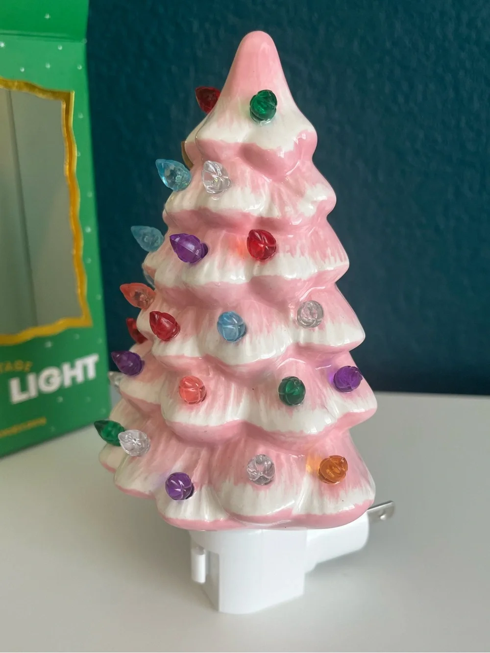 Vintage Christmas Tree Night Light Green and Pink